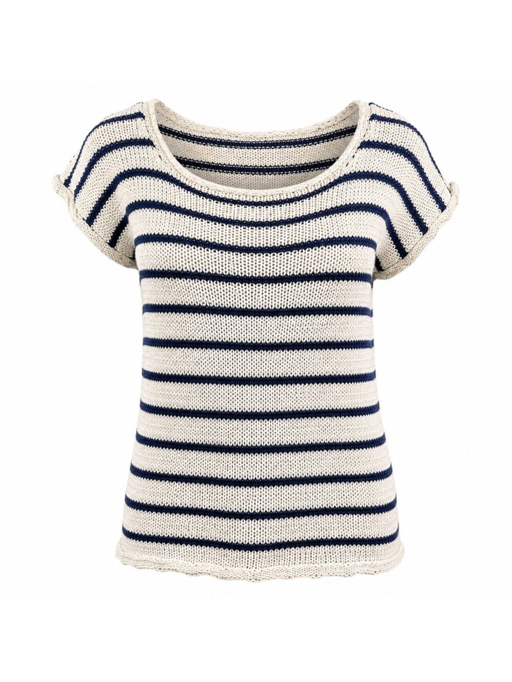 Alya  Women’s Size S Cream Navy Striped Knit Sweater Cap Sleeve Cotton Blend